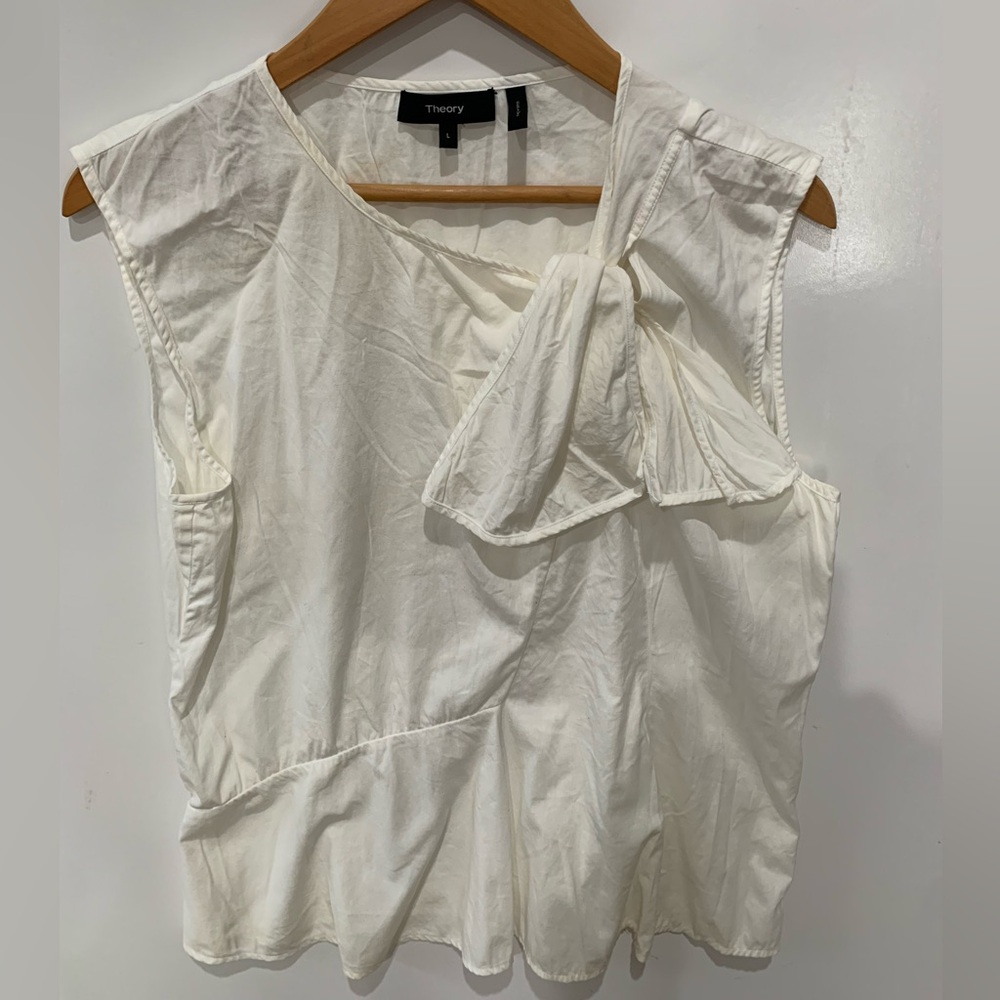 Theory Ivory Sleeveless Blouse size L with Knot drape Accent Prarie Style